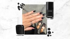 Image of black almond manicure on a white marble background with black nail polish swatches, Essie Nail Polish and Chanel Nail Polish