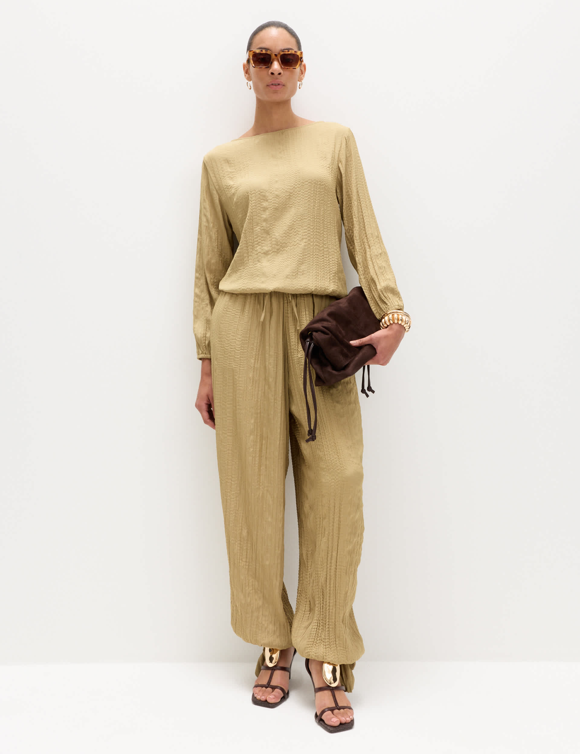 Tie Hem Crinkle Drawstring Balloon Trousers