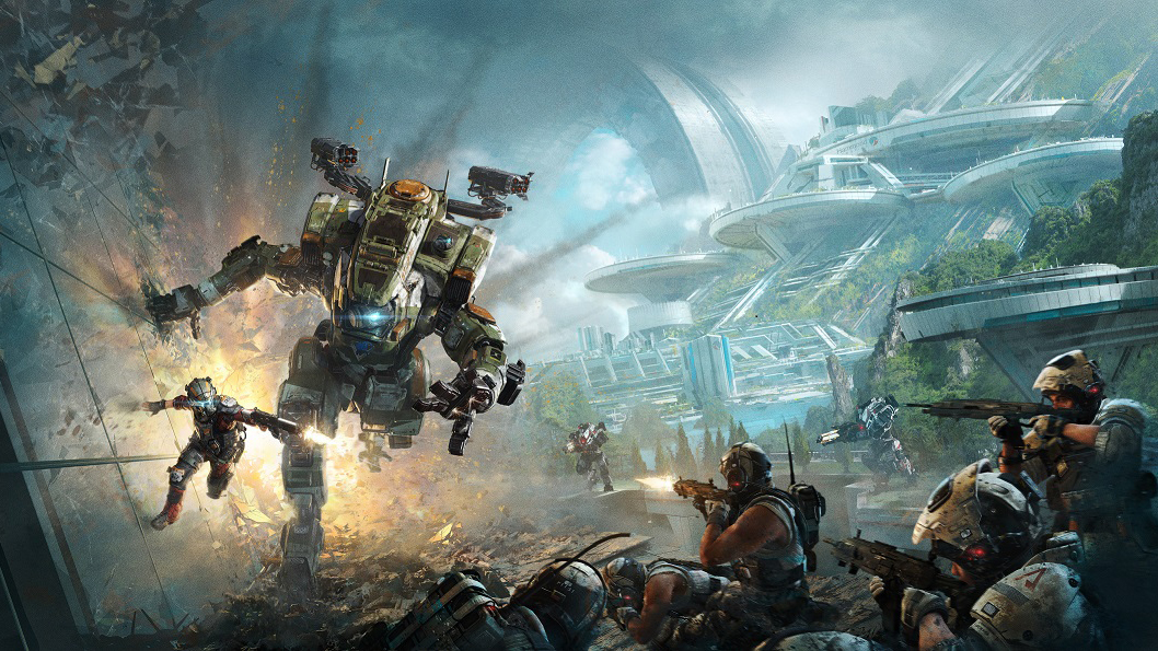 Titanfall 2 cover art showing a pilot and Titan wall running towards an enemy squad