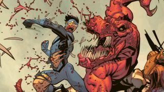 Invincible punching teeth out of a red dinosaur in artwork from the Invincible - Superhero Roleplaying Quickstart Guide