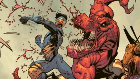 Invincible punching teeth out of a red dinosaur in artwork from the Invincible - Superhero Roleplaying Quickstart Guide