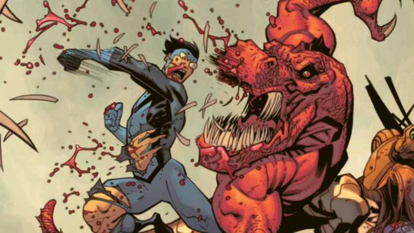Invincible punching teeth out of a red dinosaur in artwork from the Invincible - Superhero Roleplaying Quickstart Guide