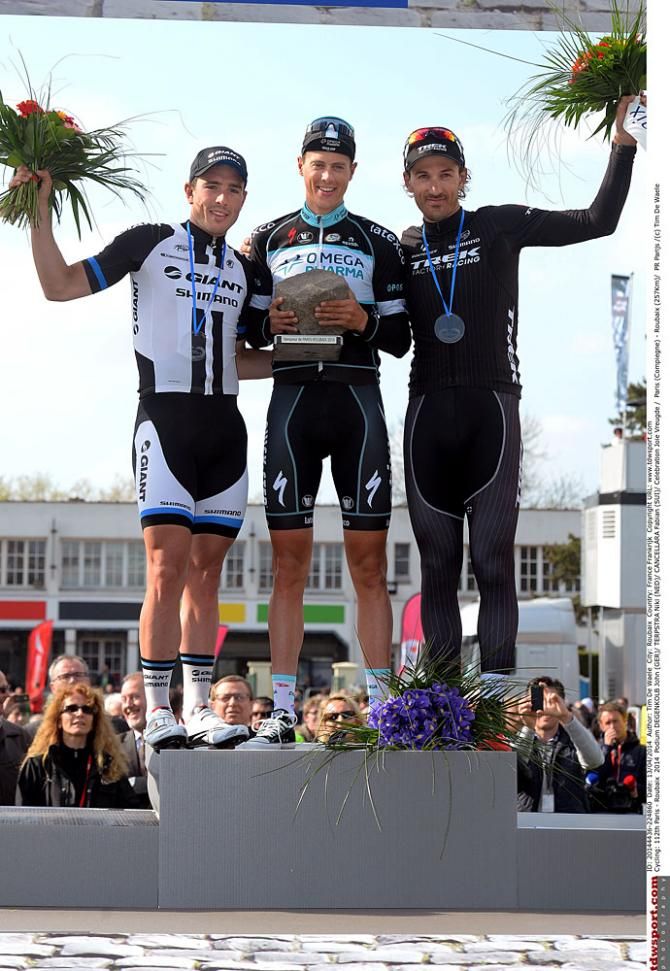 The 2014 Paris-Roubaix podium of Degenkolb, Terpstra and Cancellara