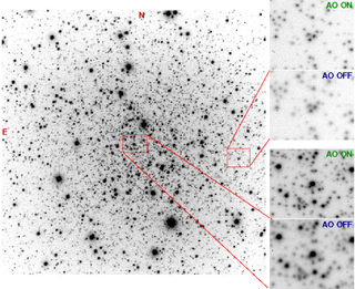 Globular cluster NGC 6496 observed with SAM. The image is about 3 arc minutes across. The enlarged sections of the cluster show the image with SOAR adaptive optics (AO) on and off.
