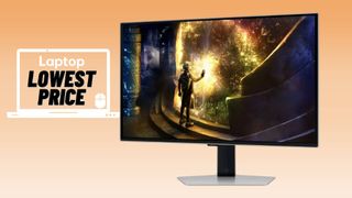 Samsung Odyssey OLED G6 G61SD gaming monitor against orange gradient background.