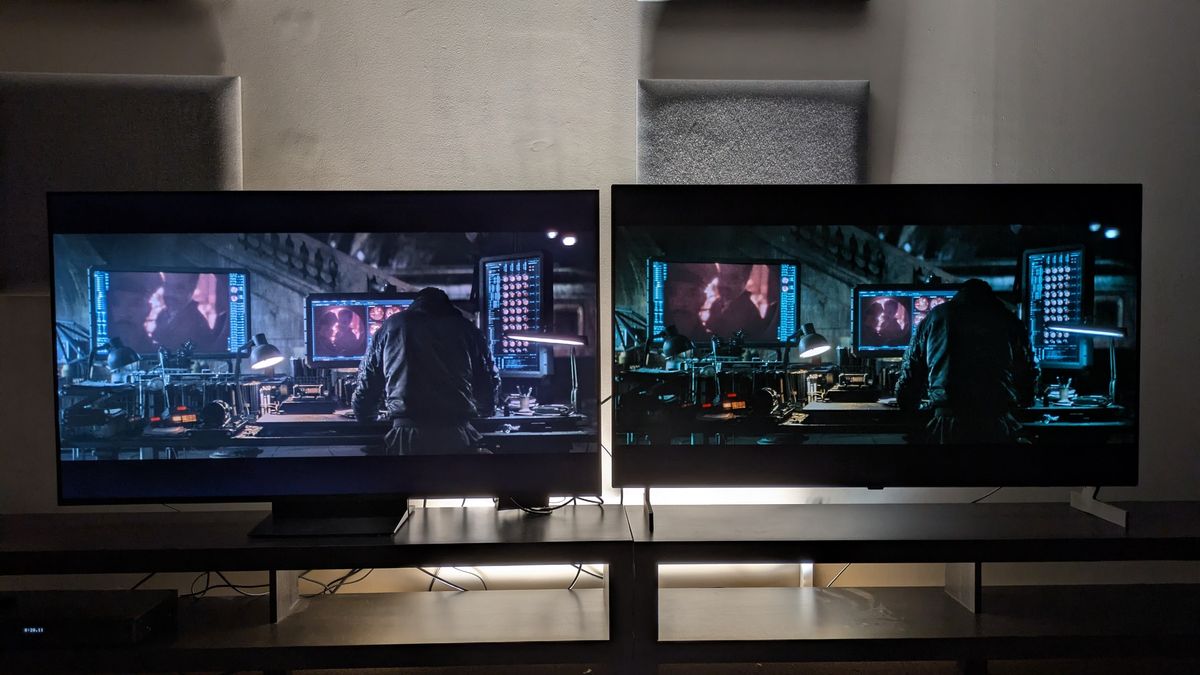 TCL C7L (left) vs LG B6E (right) with shot of Bruce working at a desk in the batcave from The Batman