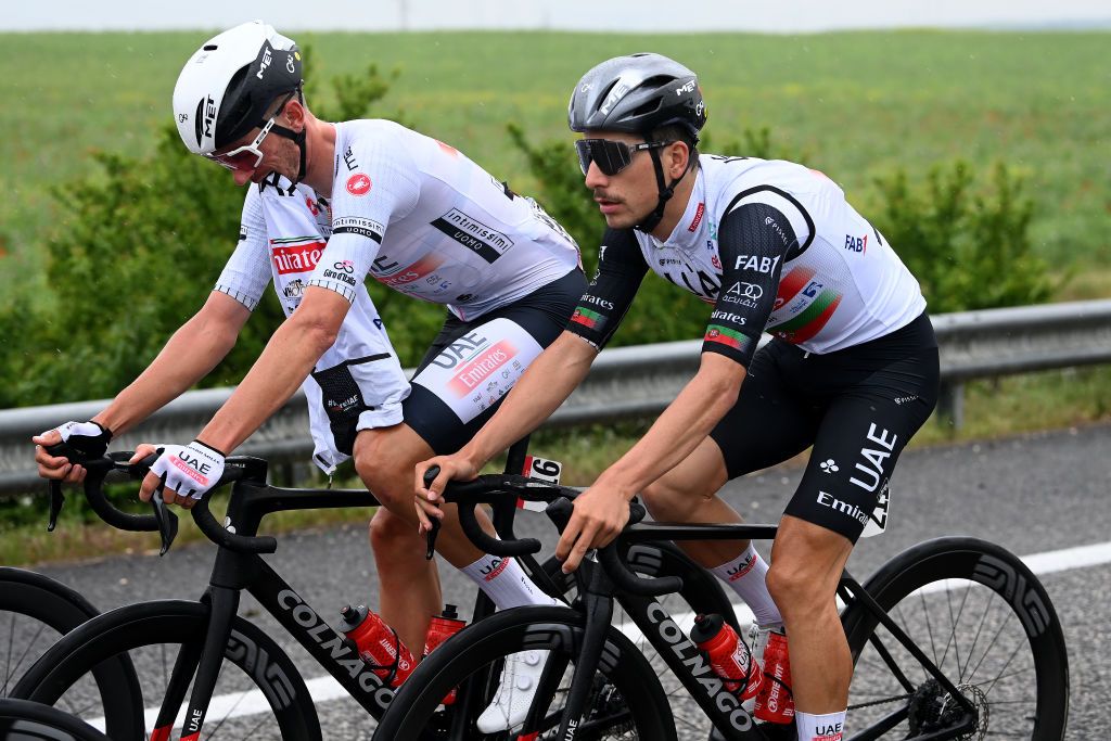 João Almeida rides alongside UAE Team Emirates teammate Brandon McNulty on stage 3 of the 2023 Giro d&#039;Italia