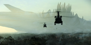 a massive, amorphous mothership can be seen in the background behind two flying helicopters