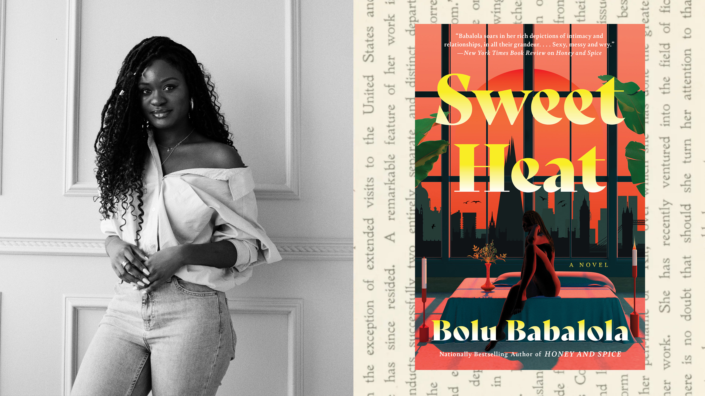 a black and white headshot of author bolu babalola next to the cover of her new romance novel sweet heat