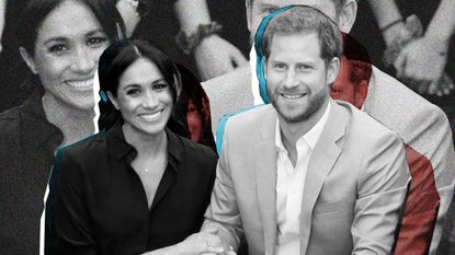 Black and white computer manipulated photo collage of Meghan Markle and Prince Harry with red and blue accents. Original photo depicts Meghan, Duchess of Sussex and Prince Harry, Duke of Sussex make an official visit to the Joff Youth Centre in Peacehaven, Sussex on October 3, 2018 in Peacehaven, United Kingdom