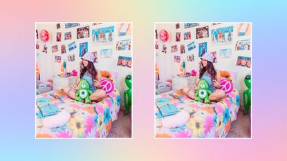 A girl on the phone sitting in a colorful Y2k style bedroom