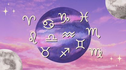 The zodiac signs and the purple full moon against a cloudy pink sky