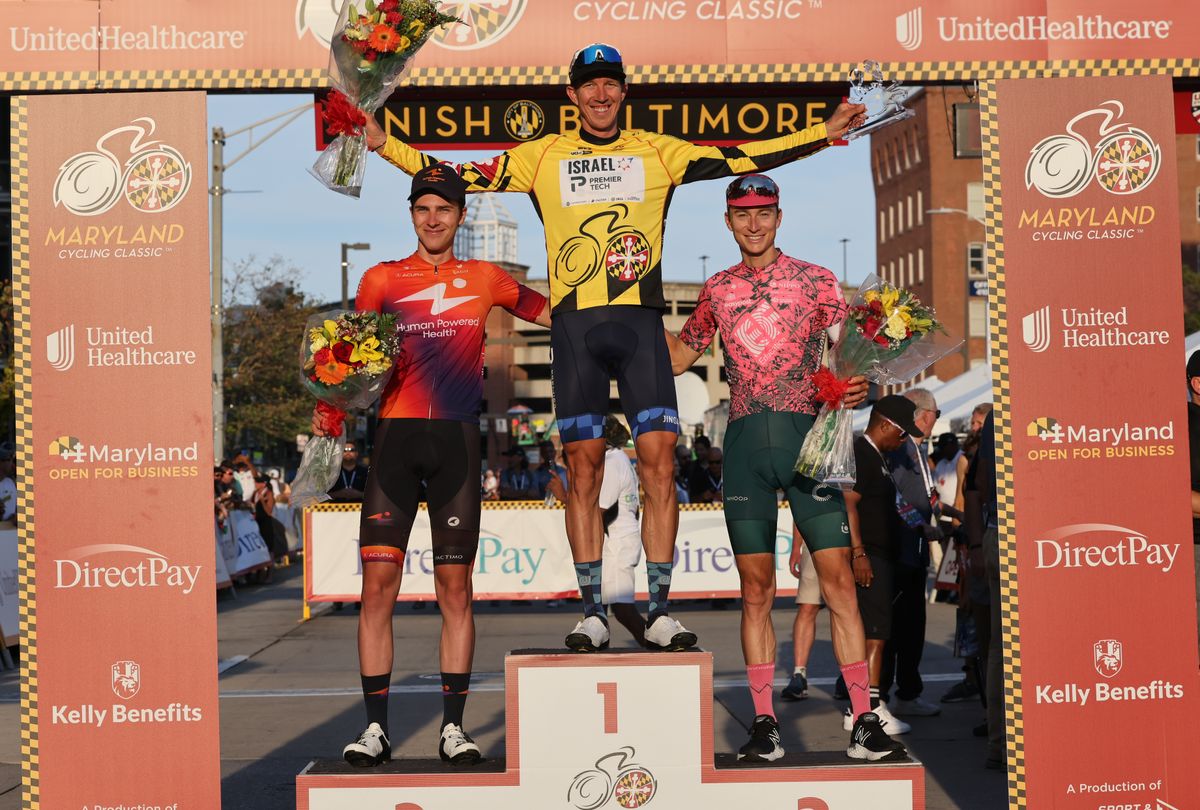 The podium at Mayland Cycling Classic, Sep Vanmarcke (Israel-Premier Tech) in first, Nickolas Zukowsky (Human Powered Health) second and Neilson Powless (EF Education-EasyPost) third