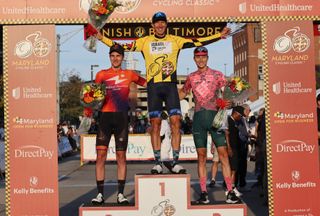 The podium at Mayland Cycling Classic, Sep Vanmarcke (Israel-Premier Tech) in first, Nickolas Zukowsky (Human Powered Health) second and Neilson Powless (EF Education-EasyPost) third