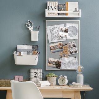 Blue home office with wall mounted storage