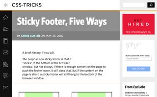 CSS Tricks screenshot starting the article with 'The purpose of a sticky footer is that it "sticks" to the bottom of the browser window'