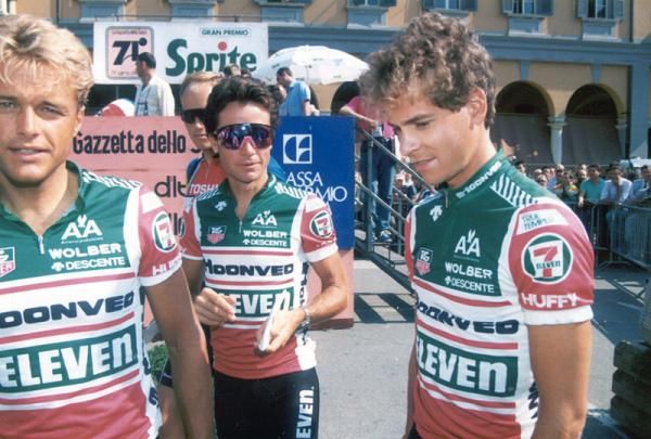 7-Eleven teammates Dag Otto Lauritzen, Jeff Pierce and Andy Hampsten await the start of stage 12 at the 1988 Giro.