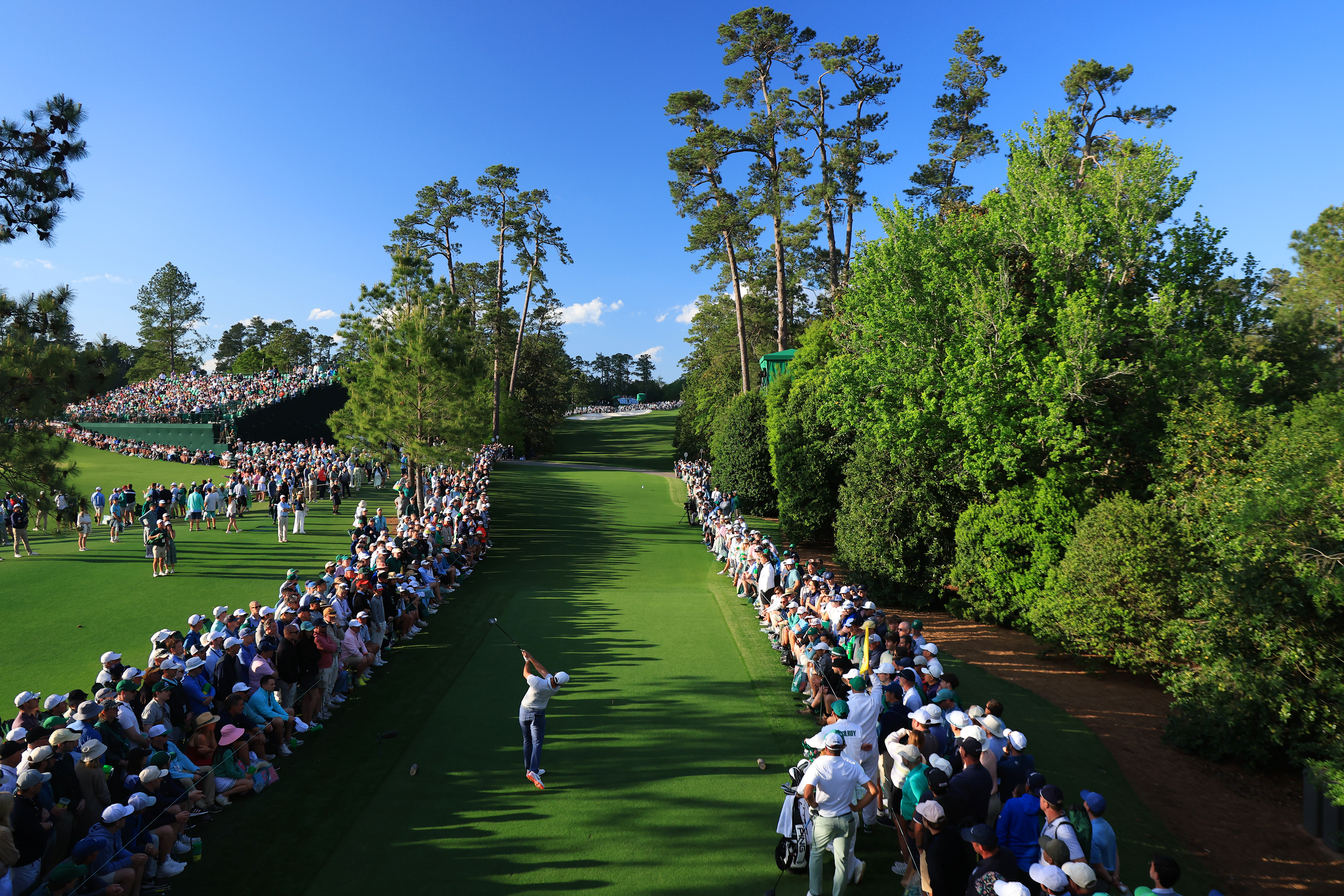 Rory McIlroy tees off the 18th at Augusta National