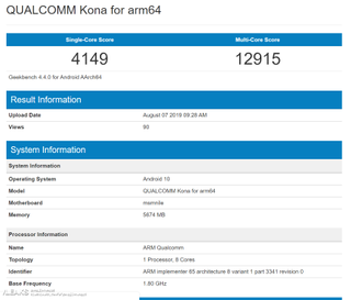 Geekbench listing of the Snapdragon 865 SOC