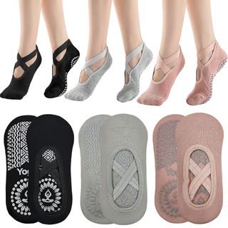 Keyri 3 Pairs Non Slip Socks Yoga Pilates Socks for Women Girls, Trainer Socks Grippy Socks Floor Sock Anti-Slip Grips & Straps, One Size Breathable Socks for Fitness Ballet (cotton, Black+pink+grey)