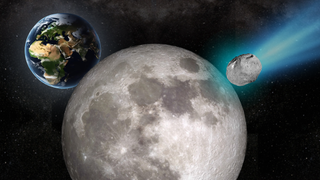 An illustration shows the asteroid 2024 YT4 streaking toward the moon