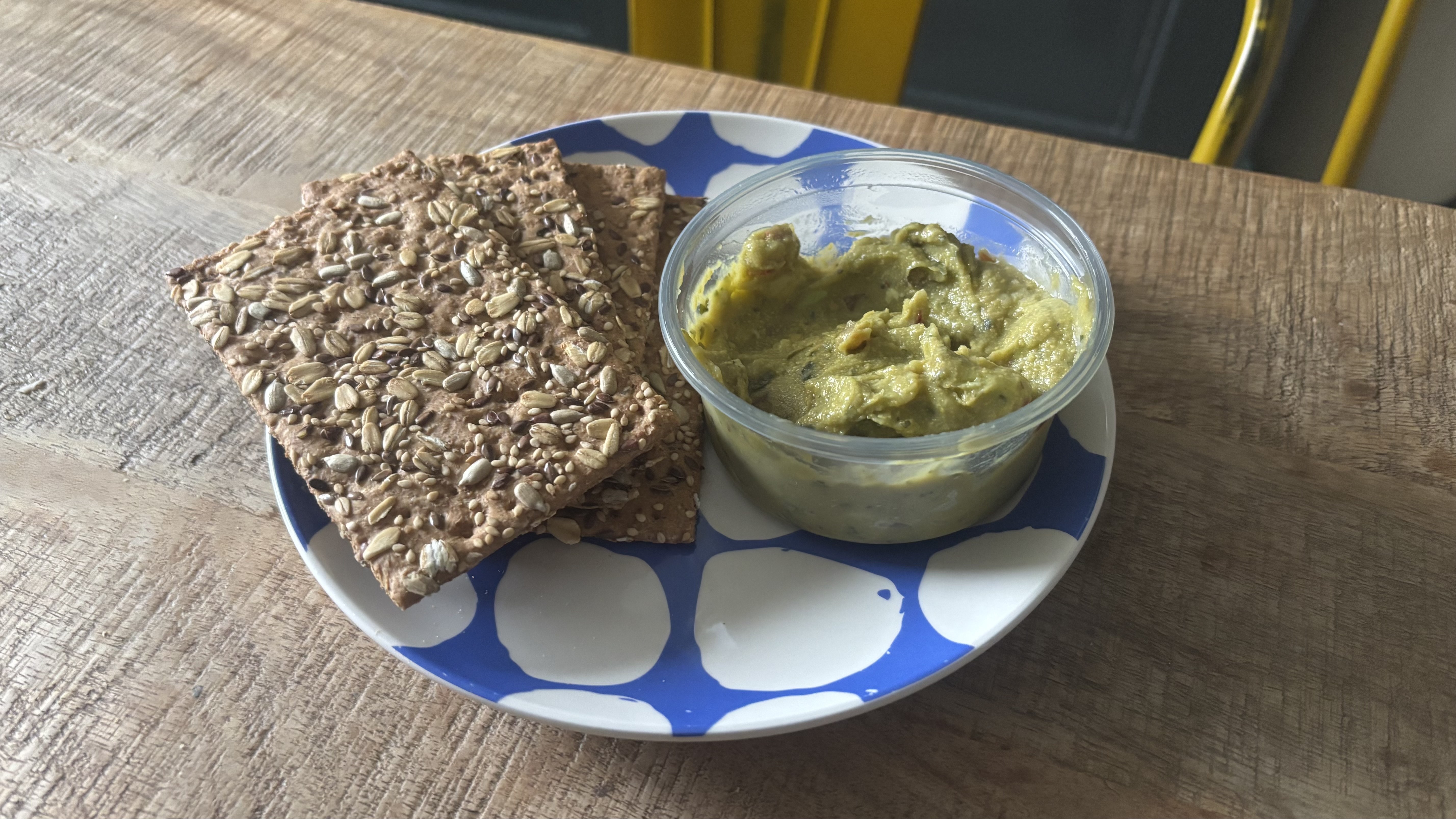 Wholegrain flatbread with guacamole on a blue and white dinner plate
