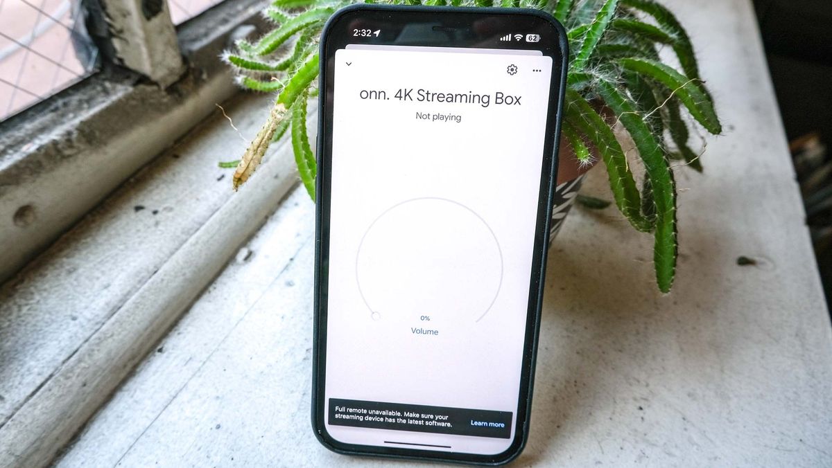 A "Full remote unavailable" error message appears in the Google Home app connected to the onn 4K Google TV streaming box