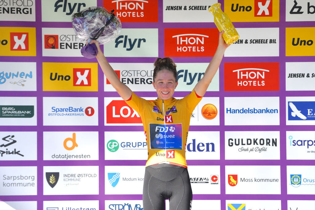 NOREFJELL, NORWAY - AUGUST 13: Cecilie Uttrup Ludwig of Denmark and Team FDJ Nouvelle - Aquitaine Futuroscope celebrates at podium as Yellow Leader Jersey winner during the 8th Tour of Scandinavia 2022 - Battle Of The North - Stage 5 a 127,4km stage from Vikersund to Norefjell 791m / #UCIWWT / #tourofscandinavia / #TOSC22 / on August 13, 2022 in Norefjell, Norway. (Photo by Luc Claessen/Getty Images)