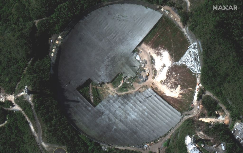 The Arecibo Observatory in Puerto Rico, which collapsed in December 2020, is seen from space in this satellite image captured Feb. 23, 2021.