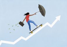 Woman with money briefcase and umbrella riding skateboard up ascending chart arrow 