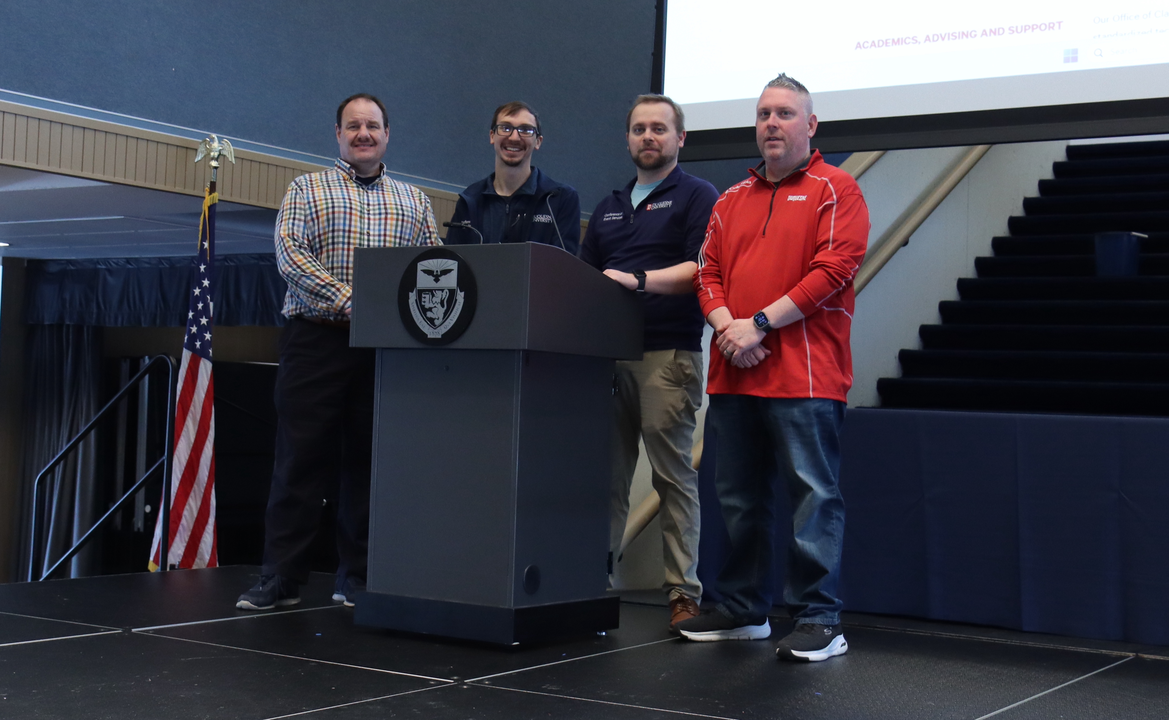 Left to right: Todd Hughes, AV project manager; Michael Kozar, Technical Services director; John Hahn, Technical Services assistant director; Andy Beasom, AV Systems and Infrastructure engineer
