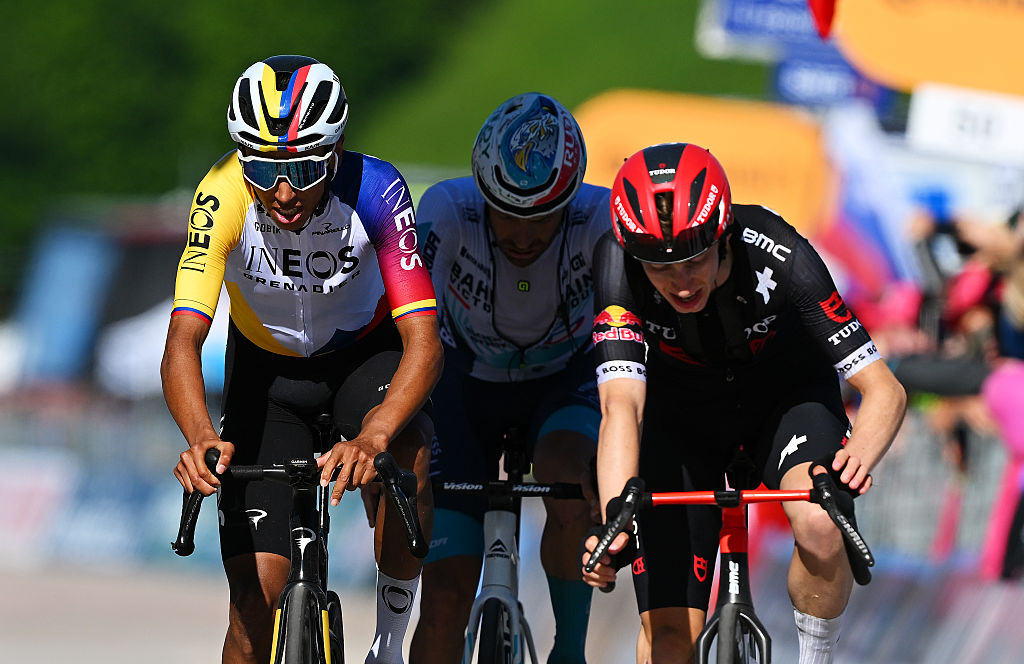 SAN VALENTINO ITALY MAY 27 Egan Bernal of Colombia and Team INEOS Grenadiers crosses the finish line during the 108th Giro dItalia 2025 Stage 16 a 203km stage from Piazzola sul Brenta to San Valentino Brentonico 1316m UCIWT on May 27 2025 in San Valentino Italy Photo by Tim de WaeleGetty Images