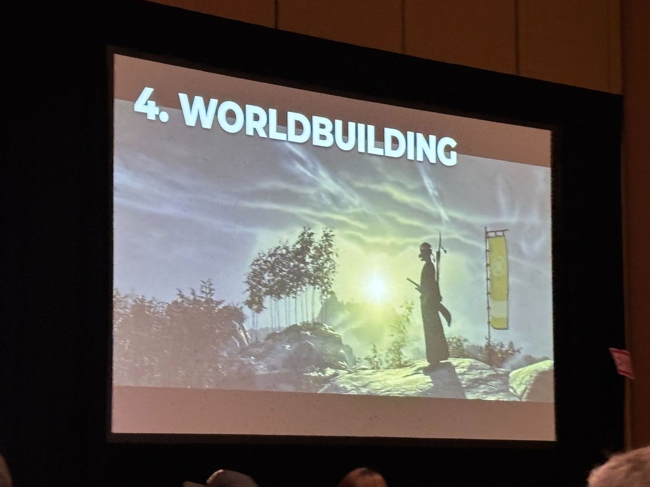 Two slides from Joe Morrissey's talk at GDC 2025, detailing fictional justification and worldbuilding.