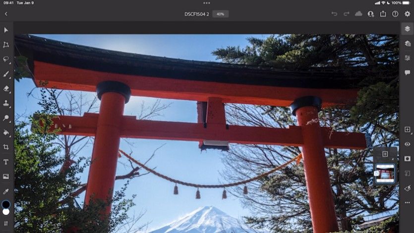 Photo of Japanese gate being edited in Photoshop