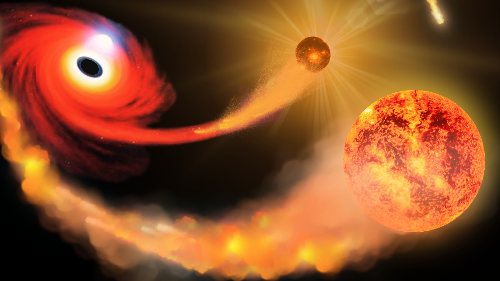 An illustration shows a star escaping consumption by a black hole as its binary partner is devoured