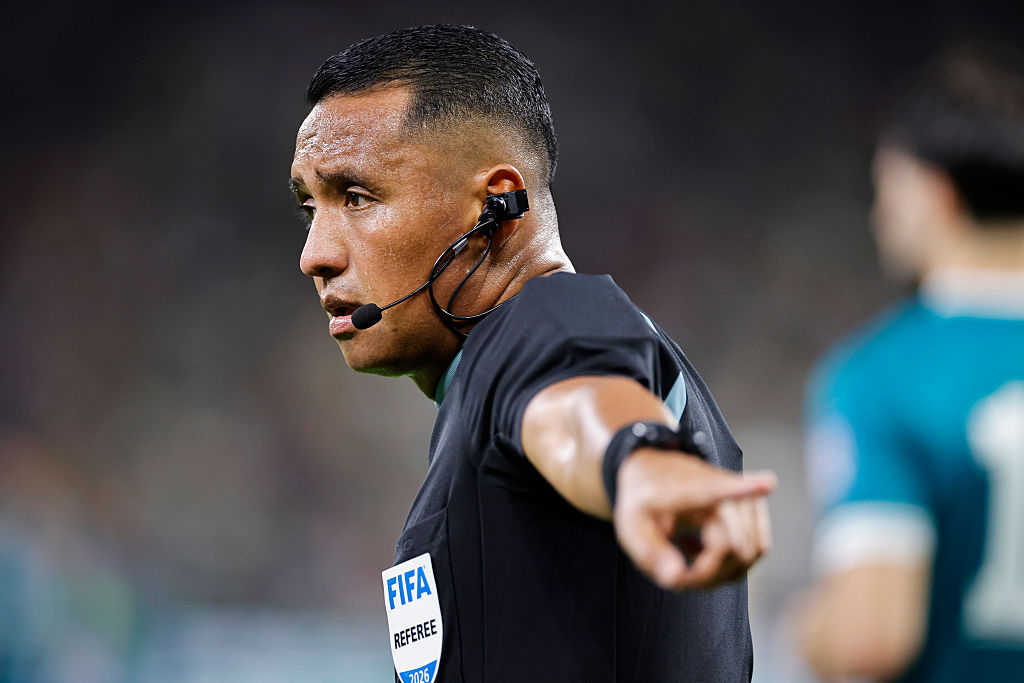 GUADALUPE, MEXICO - MARCH 31: Referee Ivan Barton gestures during the FIFA World Cup 2026 Play-Off tournament final match between Irak and Bolivia at Estadio Monterrey on March 31, 2026 in Guadalupe, Mexico. (Photo by Rodrigo Oropeza/Getty Images)