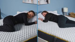 Image shows one of our mattress testers sleeping on a hybrid mattress on her side and the other tester sleeping on the same mattress but on her stomach