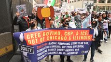 Protesters gather outside the Everett McKinley Dirksen United States Courthouse in downtown Chicago, demanding accountability and punishment for Gregory Bovino, Commander-at-large of the U.S. Border Patrol who failed to appear in person for his scheduled court proceedings, on November 5, 2025 in Chicago, Illinois.