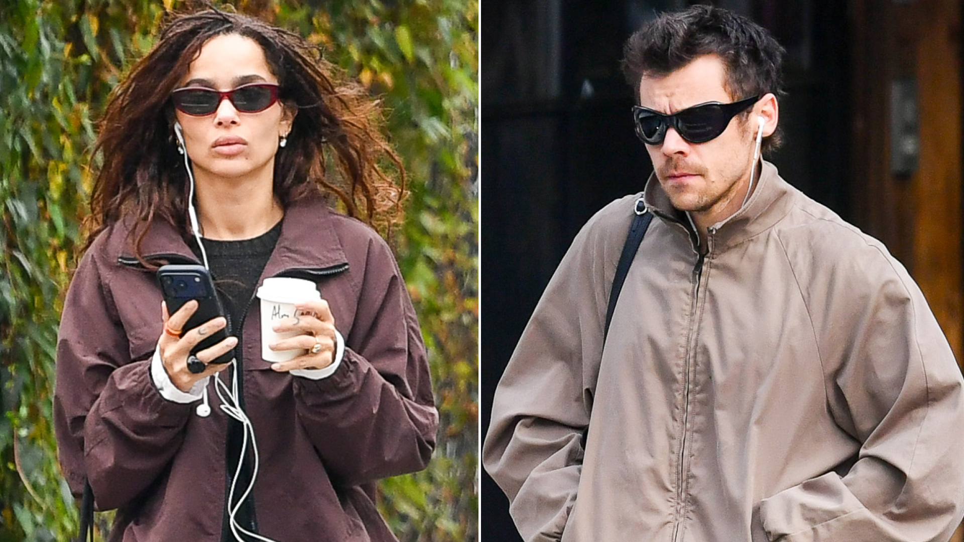 Zo&euml; Kravitz and Harry Styles were spotted separately, both styling the funnel-neck jacket trend and trousers