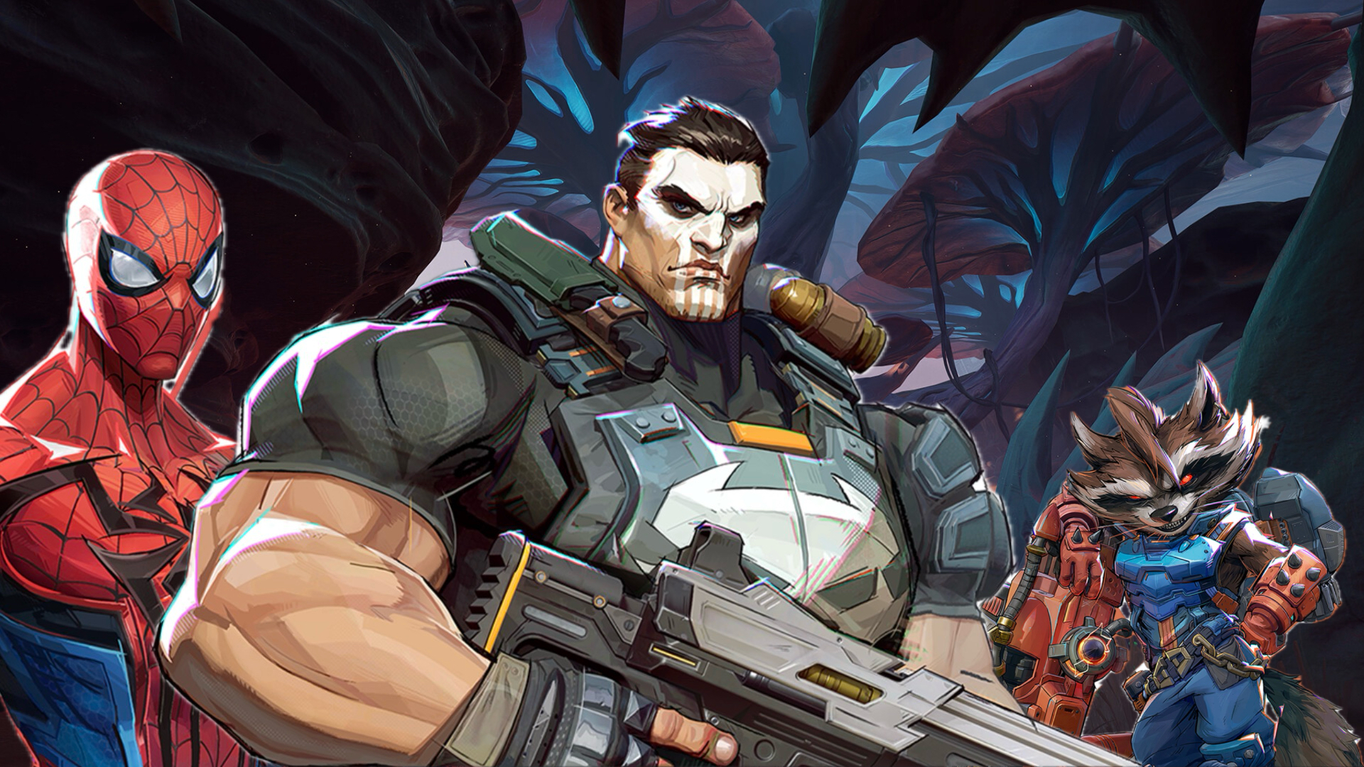 Spider-Man, Punisher and Rocket stand side by side on an alien planet