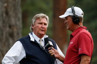 PGA Tour Chief referee Mark Russell (left) talks with Golf Channel analyst Curt Byrum during the third round of the 2015 Barracuda Championship