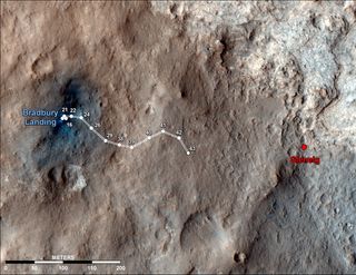 This map shows the route driven by NASA's Mars rover Curiosity through the 43rd Martian day, or sol, of the rover's mission on Mars (Sept. 19, 2012). By Sol 43, Curiosity had driven at total of about 950 feet (290 meters).