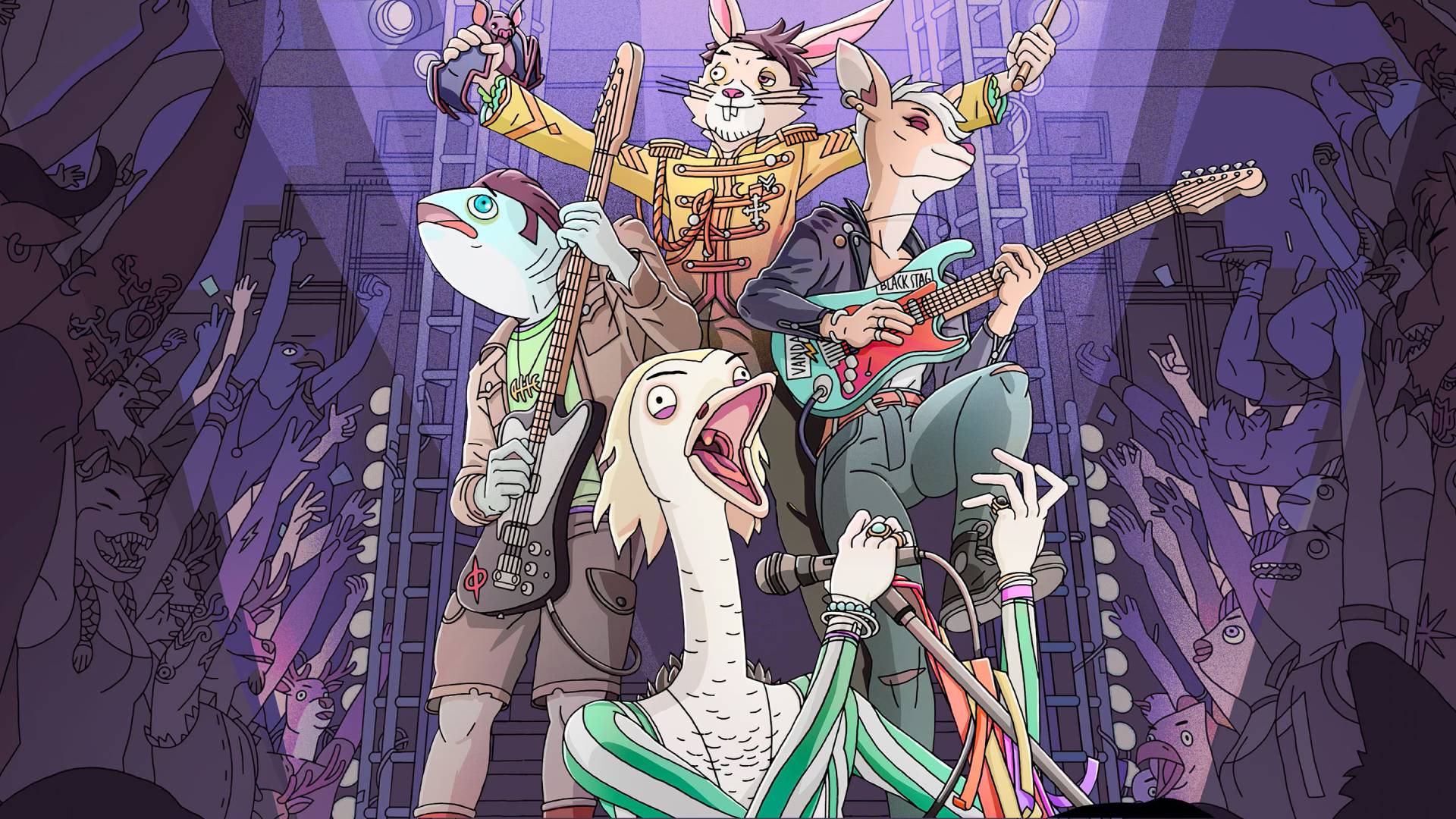 Cropped key art for Rockbeasts, showing four anthropomorphic animal band members performing together.