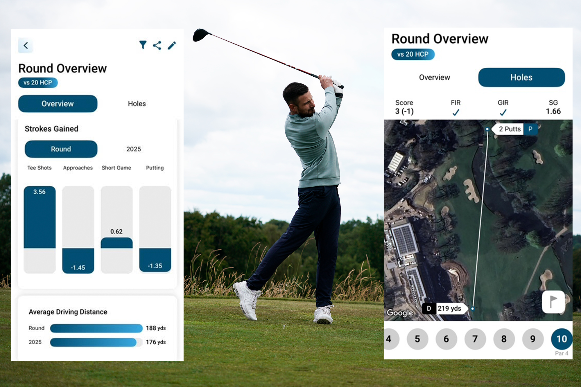 Baz Plummer hitting a driver on the 9th tee at Sand Moor Golf Club, with inset images of Shot Scope data highlighting the strokes gained performance during his best ever round
