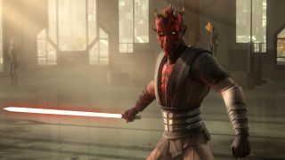 Still from a Star Wars TV cartoon. Darth Maul is ready to strike with his red lightsaber. He has black and red face markings and several small spiky horns around his head. His yellow eyes are glowing with anger.