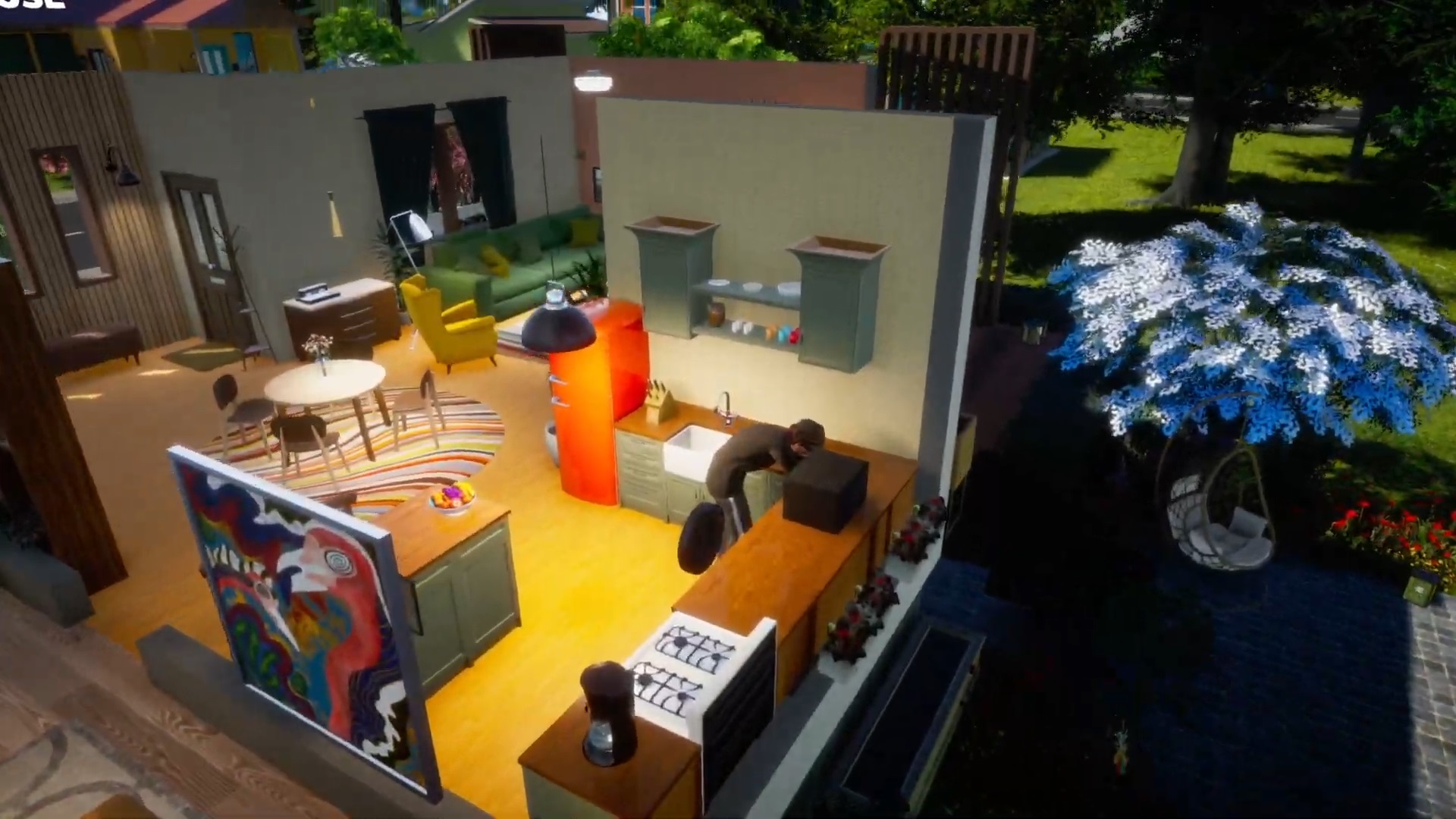 Paradox Interactive - a character microwaves food in a kitchen of a house with a '70s decor style