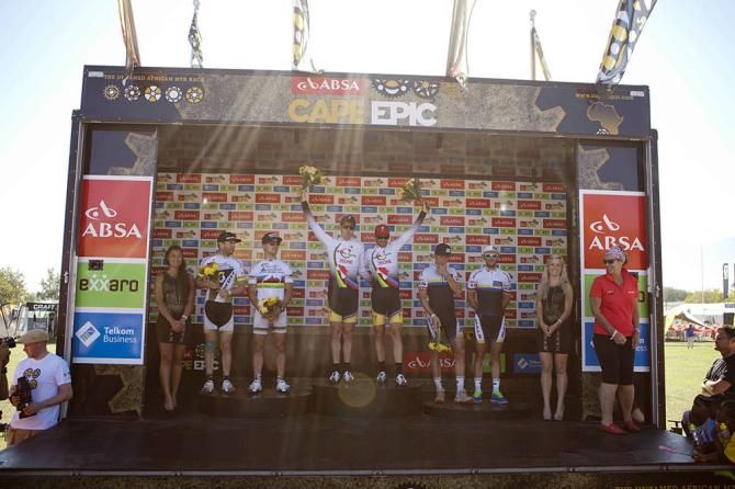 Stage 5 Podium (L to R) Florian Vogel &amp; Nino Schurter of Scott-Swisspower (2nd), Jaroslav Kulhavy &amp; Christoph Sauser of Burry Stander-Songo (1st), Urs Huber &amp; Karl Platt of Team Bulls (3rd)