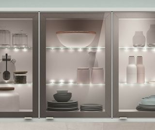 led strip lights on internal shelves in glass fronted kitchen cabinet