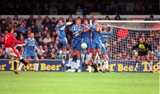 Beckham scored two, including a trademark free-kick, as United overpowered Chelsea 5-3 at Stamford Bridge in the third round in 1998