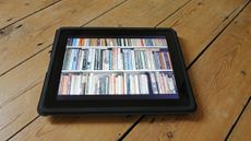 ereader with picture of bookcase on screen